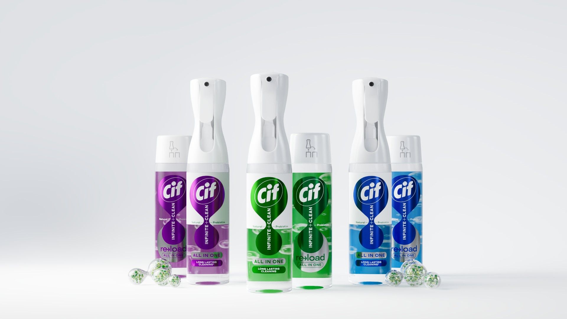 Hình ảnh hiển thị ba sản phẩm tẩy rửa Cif trong chai xịt nhựa cùng các túi refill đi kèm. Có ba biến thể sản phẩm khác nhau với nhãn màu tím, xanh lá và xanh dương.
