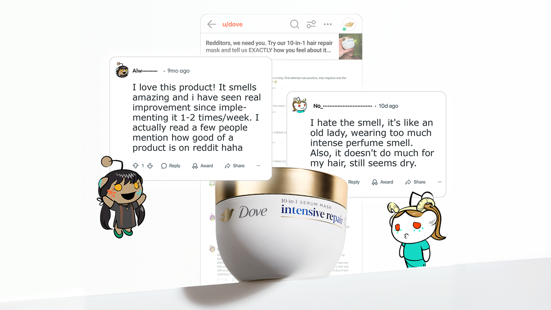 Kem ủ tóc Dove Intensive Repair Hair Mask màu trắng và vàng, cùng hai đánh giá trên Reddit (một tích cực, một tiêu cực) và hai nhân vật Snoovatar