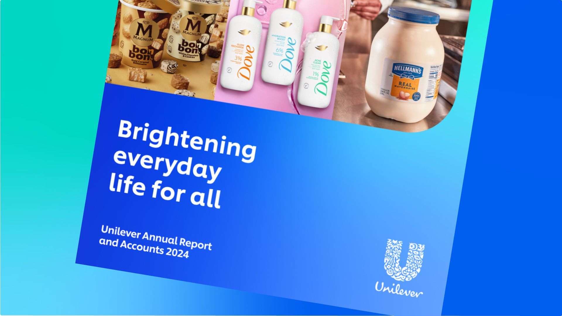 Bìa Báo cáo và Tài khoản thường niên năm 2024 của Unilever hiển thị hình ảnh thương hiệu của Magnum, Dove và Hellmann’s